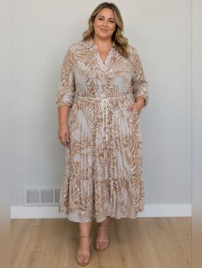 Mlle Gabrielle Long Sleeve Leaf Print Dress - Tan and White 100% Cotton